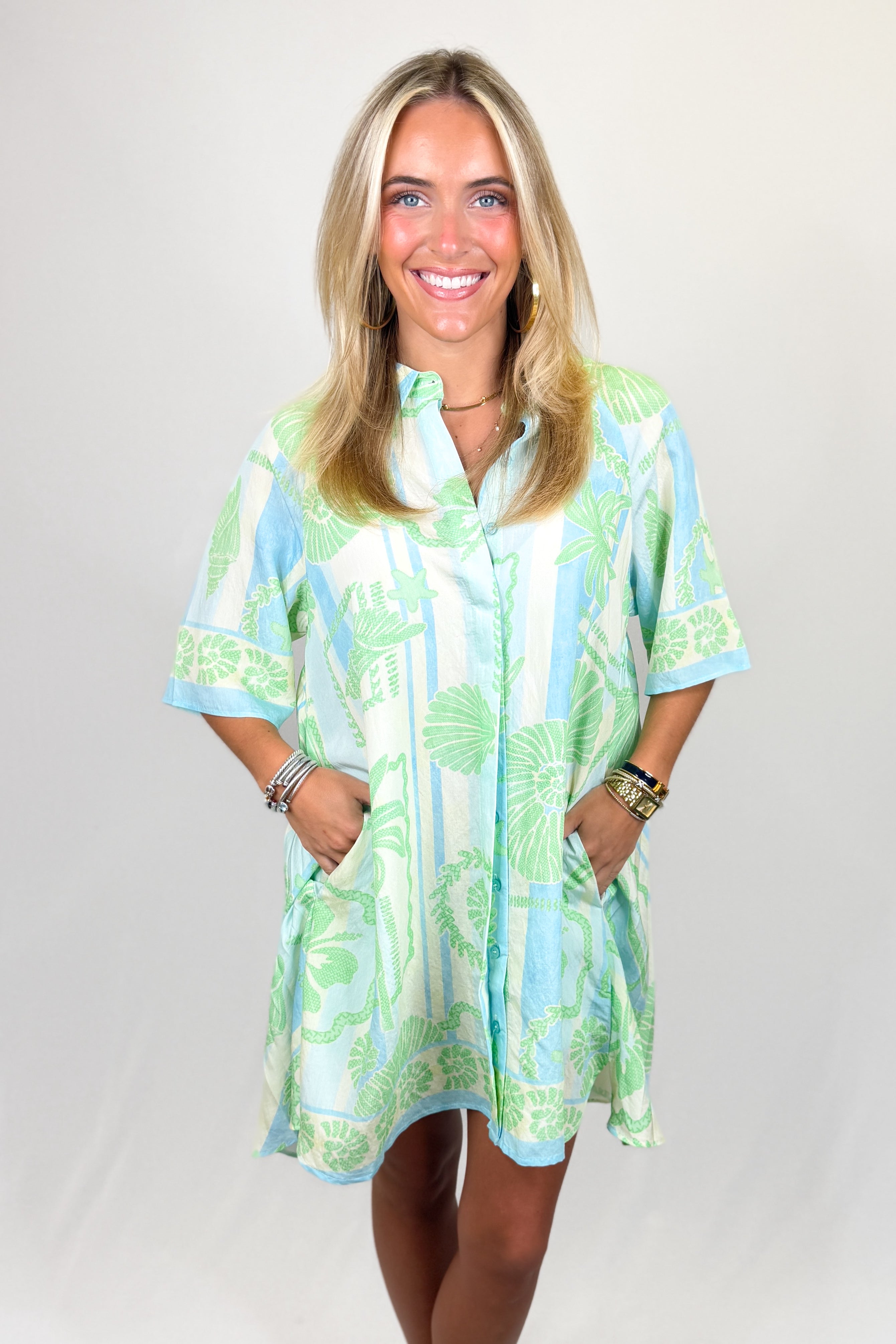 Karlie: Green Sea Shell Stripe Shirt Dress | Striped Shirt Dress