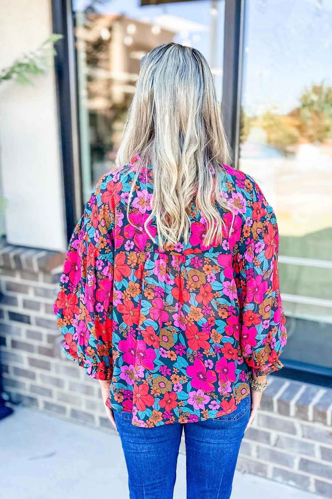TEAL & FUCHSIA FLORAL BUBBLE SLEEVE TOP