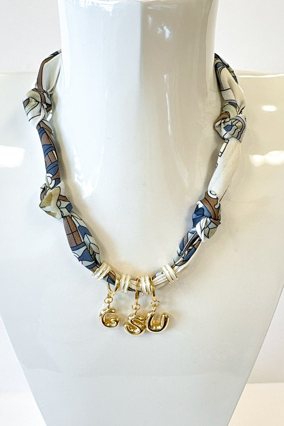 BLUE & CREAM MULTI GSU SCARF NECKLACE