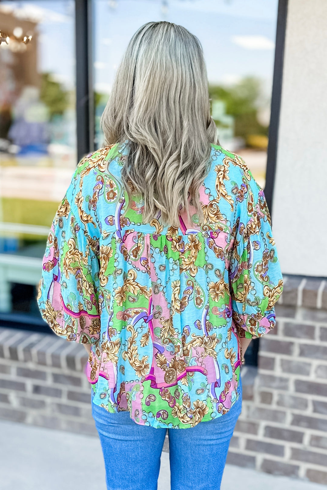 COLORFUL CHAIN PRINT BUBBLE SLEEVE TOP