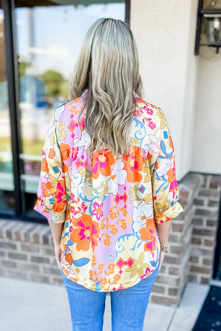 YELLOW & ORANGE ABSTRACT FLORAL SATIN TOP