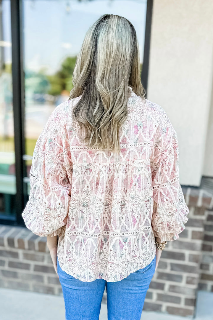 BLUSH MULTI BRODERIE BUBBLE SLEEVE TOP