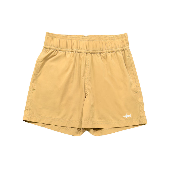 A pair of beige, Inlet Performance Shorts for boys, displayed against a white background.
