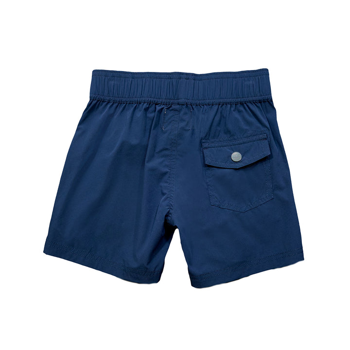 backside of navy inlet shorts with one back pocket