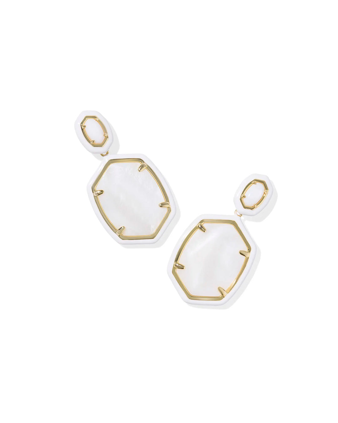 DAPHNE ENAMEL FRAME DROP EARRINGS, GOLD WHITE MOTHER OF PEARL
