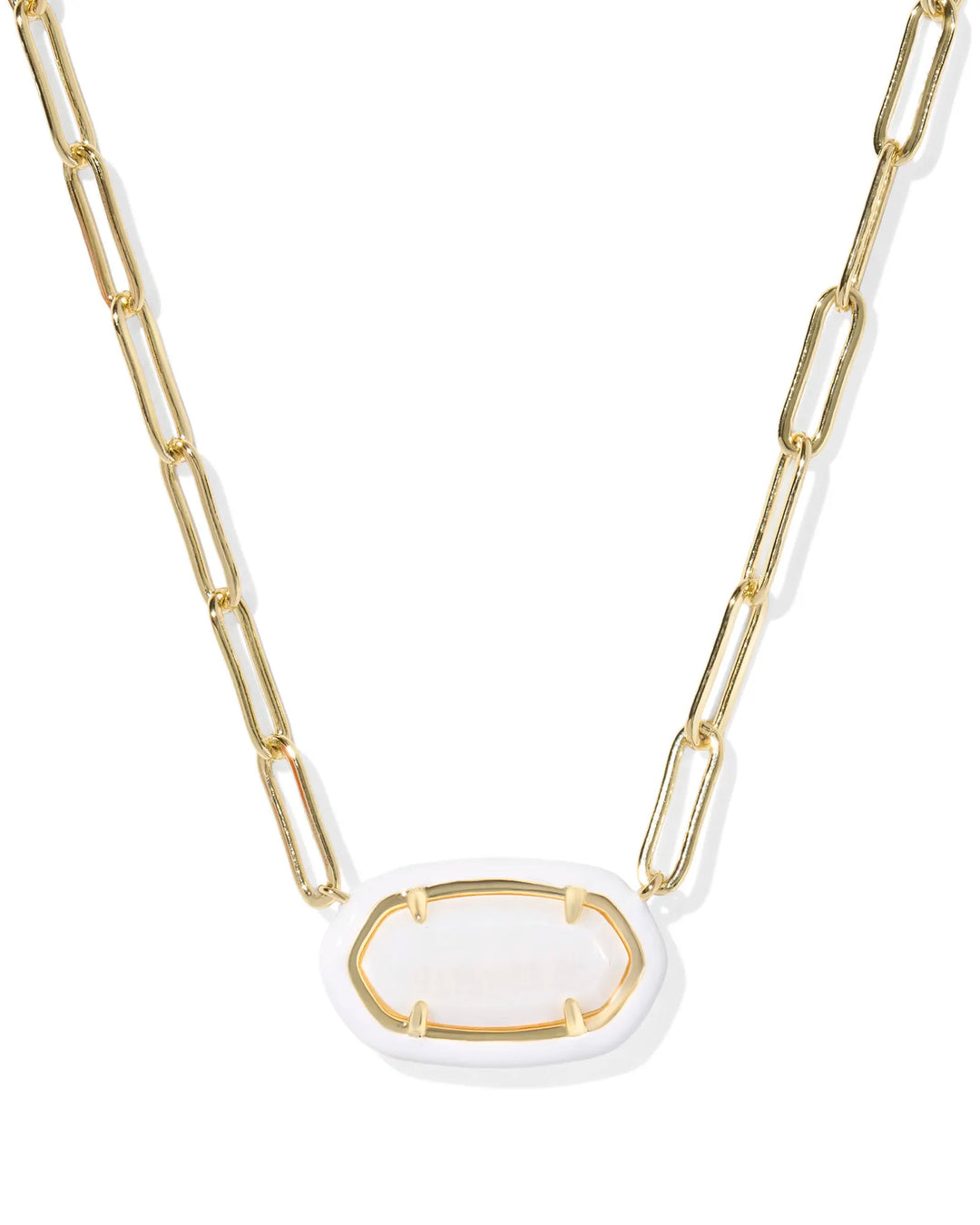 ELISA ENAMEL FRAME PAPERCLIP NECKLACE, GOLD WHITE MOTHER OF PEARL