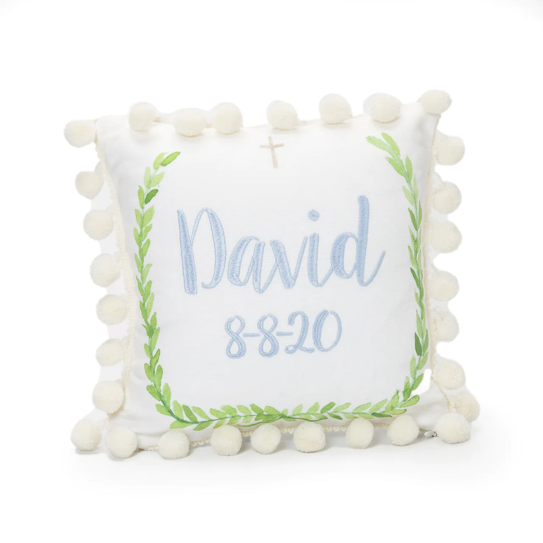 CUSTOM MONOGRAM LAUREL WITH CROSS PILLOW WITH CREAM POMPOM TRIM