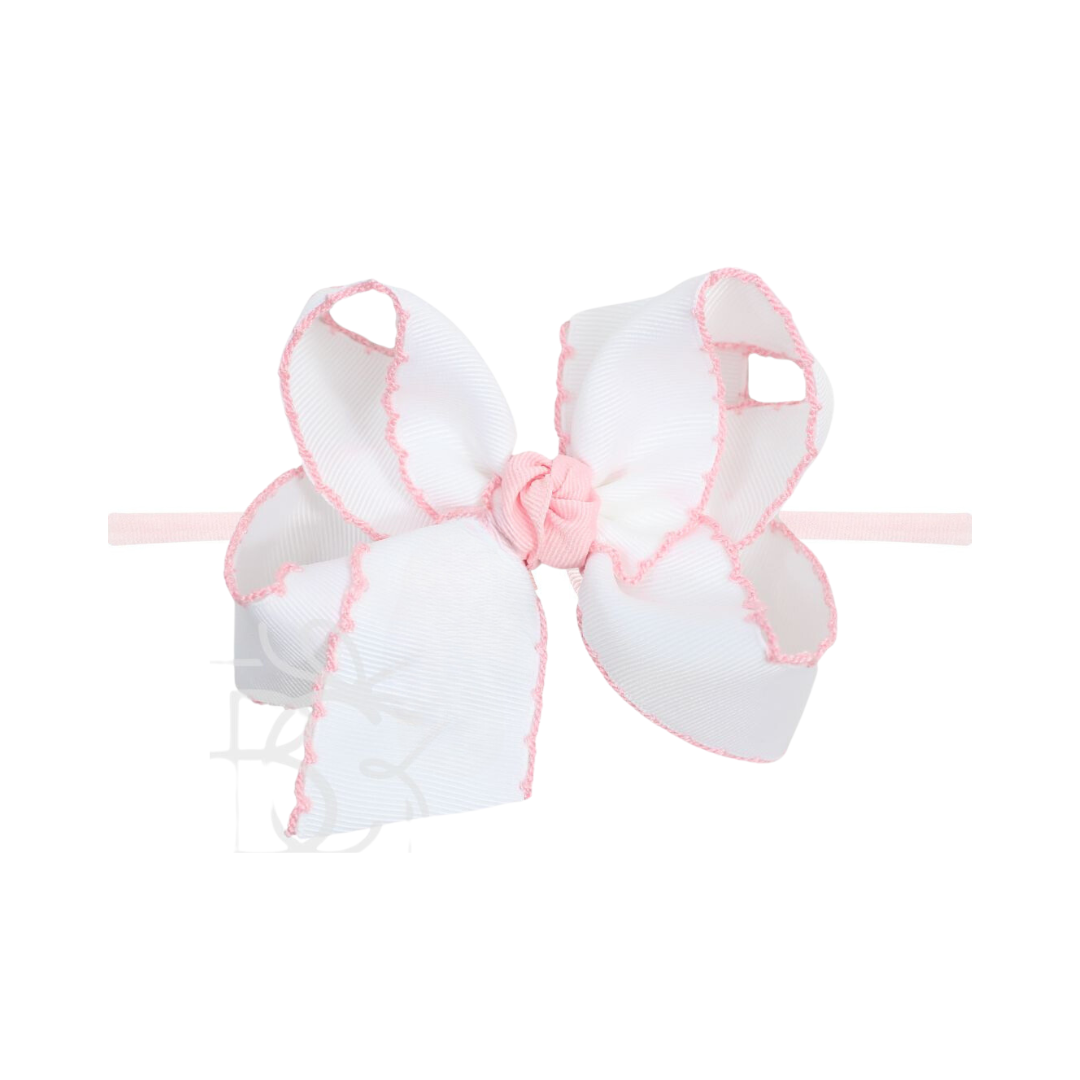 WHITE WITH LIGHT PINK CROCHETED EDGES PANTYHOSE HEADBAND BOW