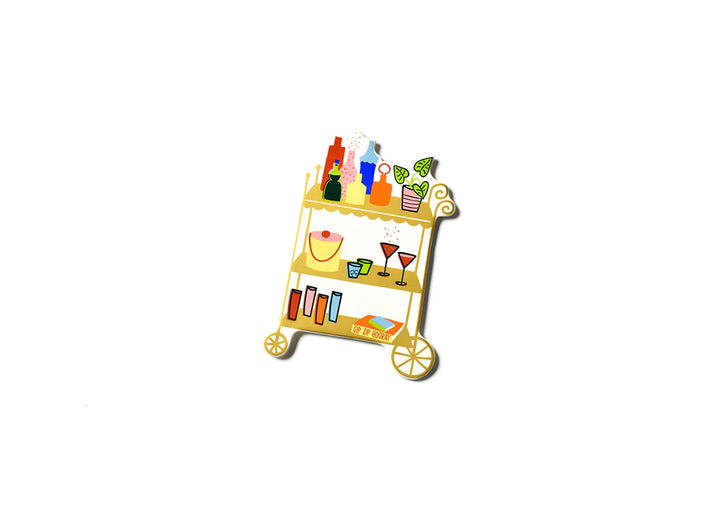 Colorful bar cart illustration with drinks and glasses on a white background