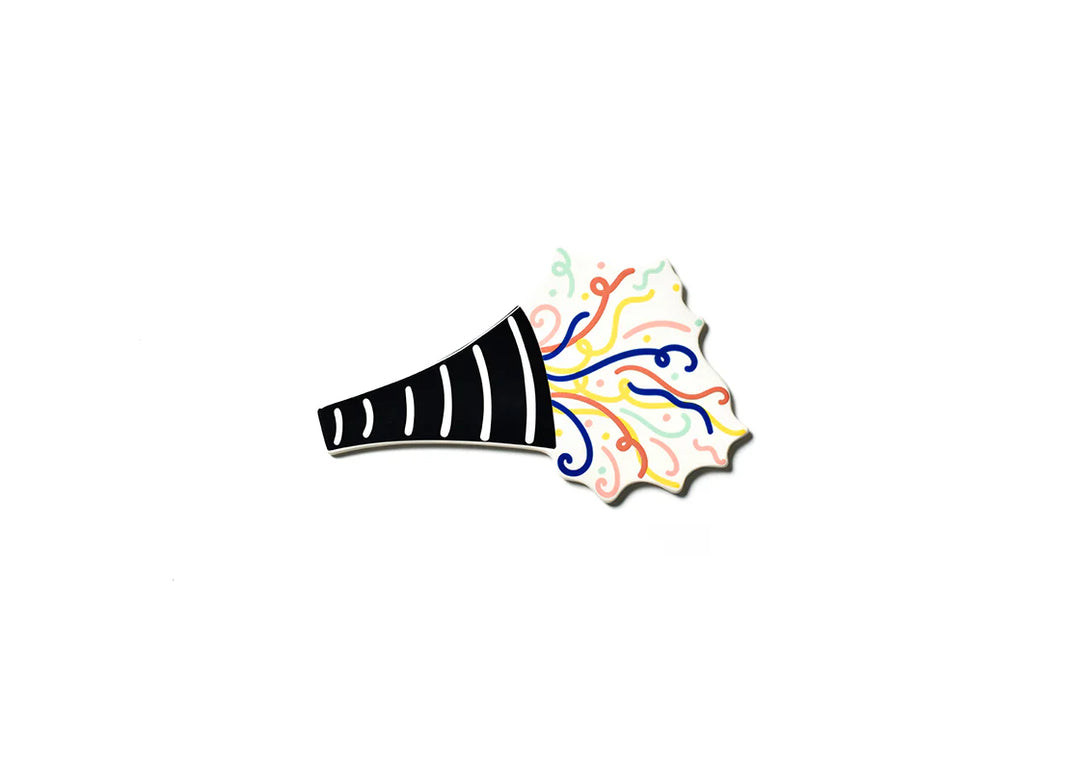 Colorful confetti coming out of a black and white striped party horn on a white background