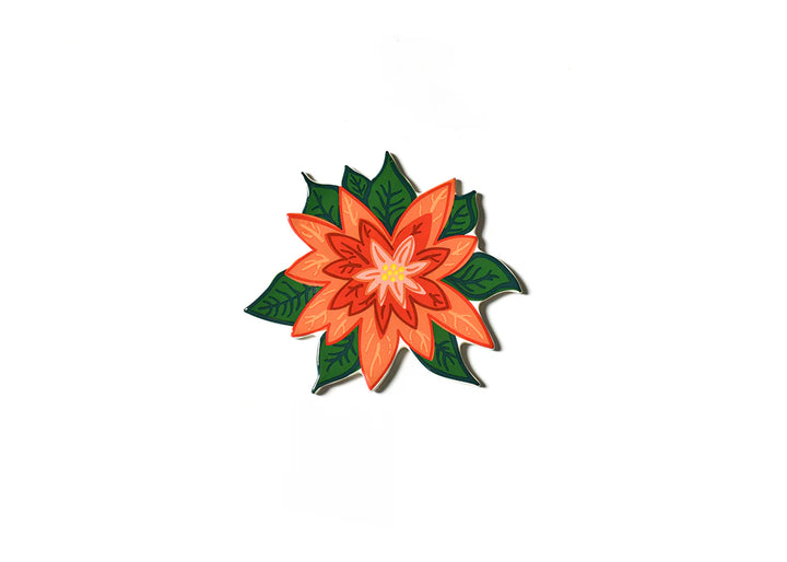 Floral design with orange center and green leaves on a white background