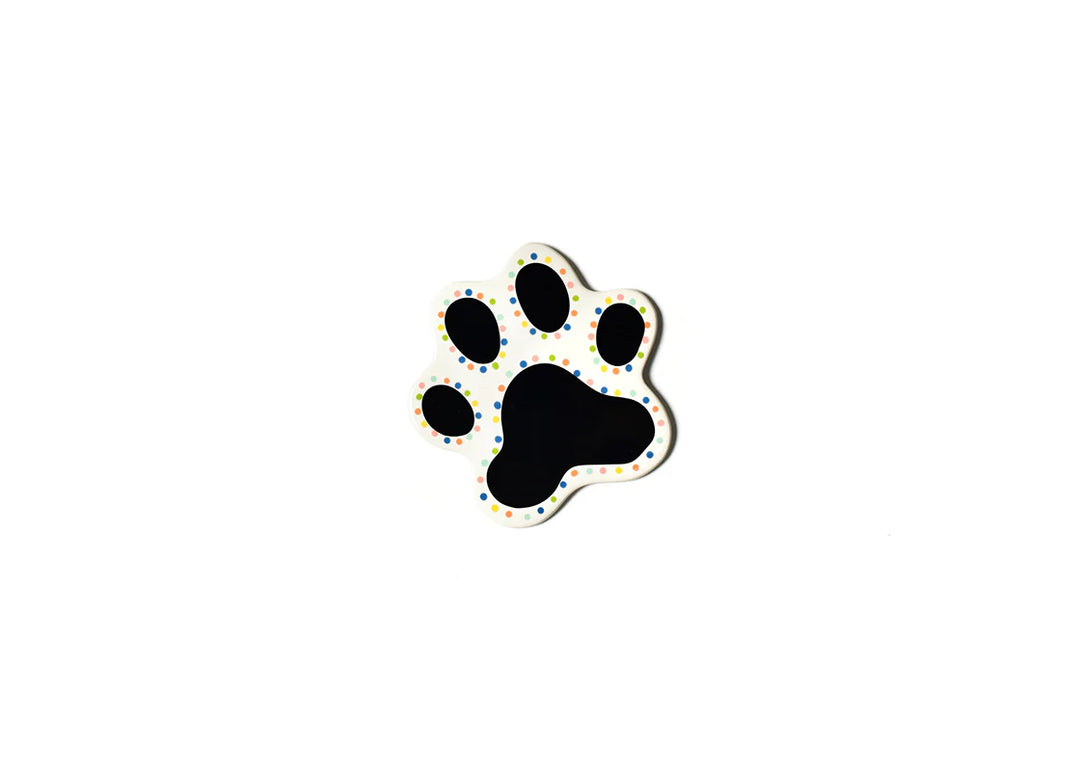 Black paw print with colorful dots on a white background