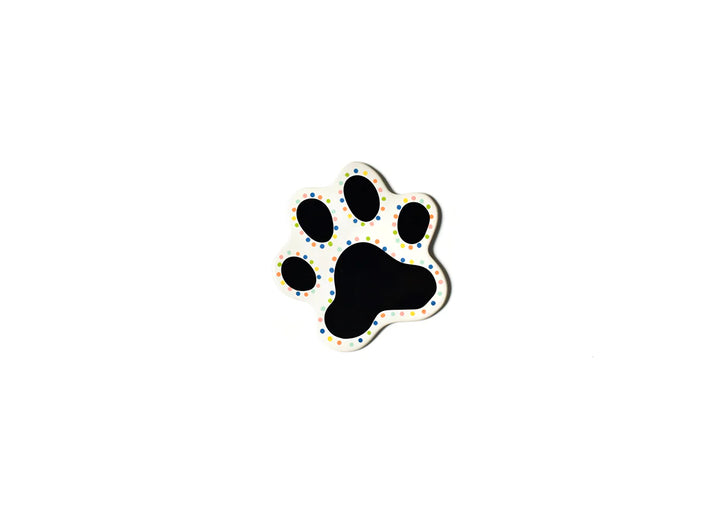 Black paw print with colorful dots on a white background