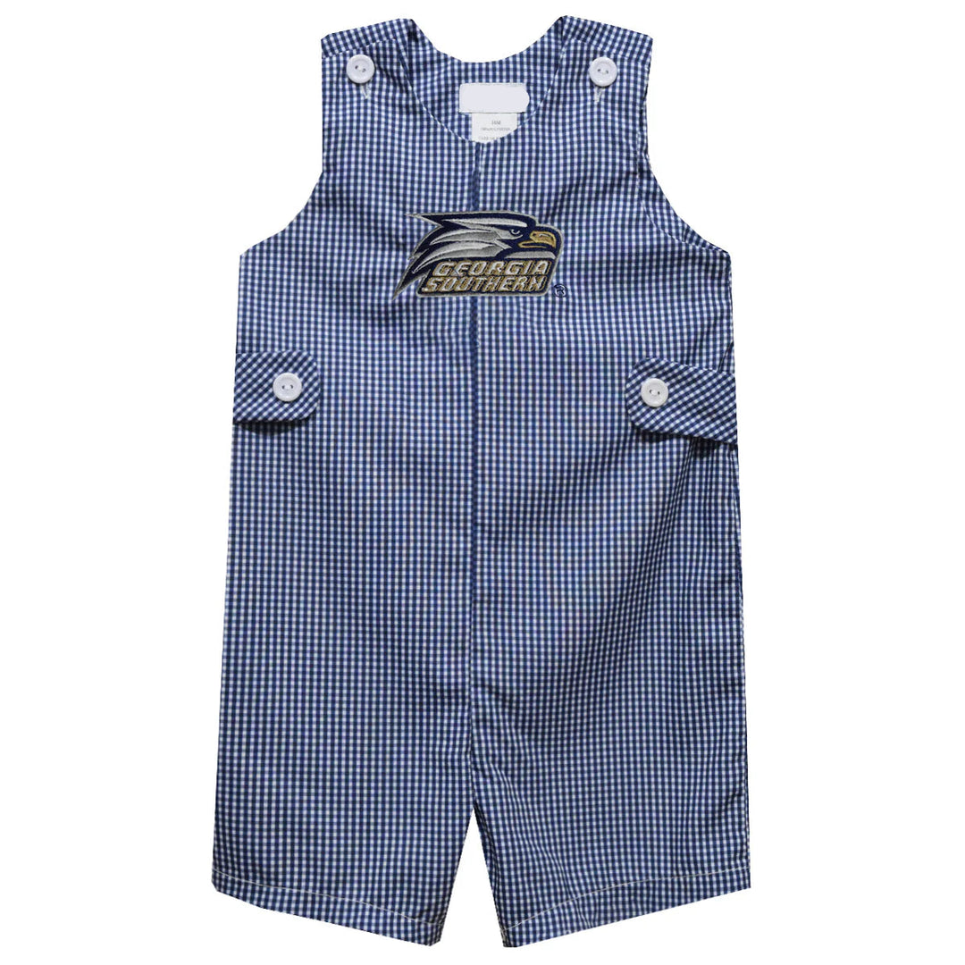 Blue checkered overalls with a logo on a white background