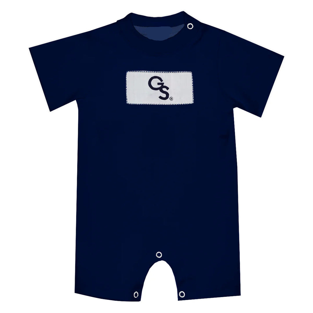 Navy blue baby romper with a logo on a white background