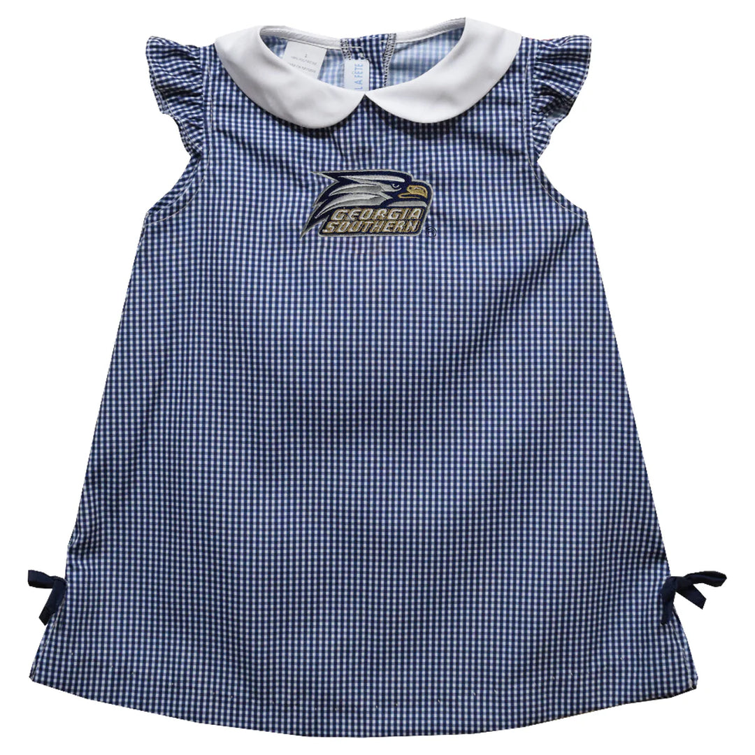 GSU EAGLES EMBROIDERED NAVY GINGHAM A LINE DRESS