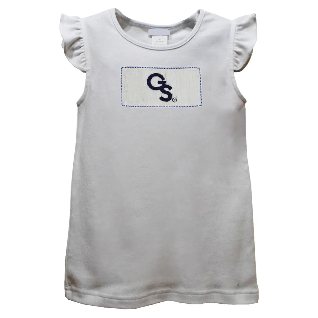 White sleeveless dress with a logo on a white background