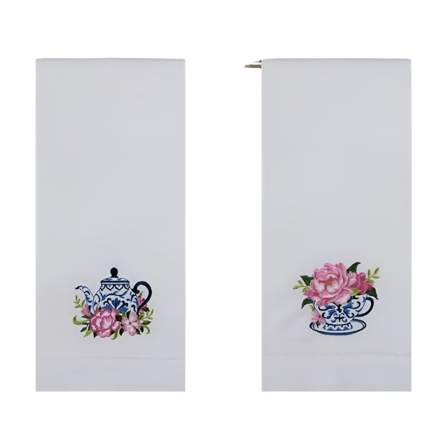 FLORAL TEA EMBROIDERED GUEST TOWEL