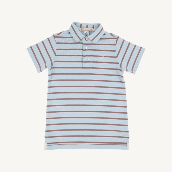 BUCKHEAD BLUE, PALMETTO PEARL, GRAY BAY BROWN STRIPE PRIM & PROPER POLO