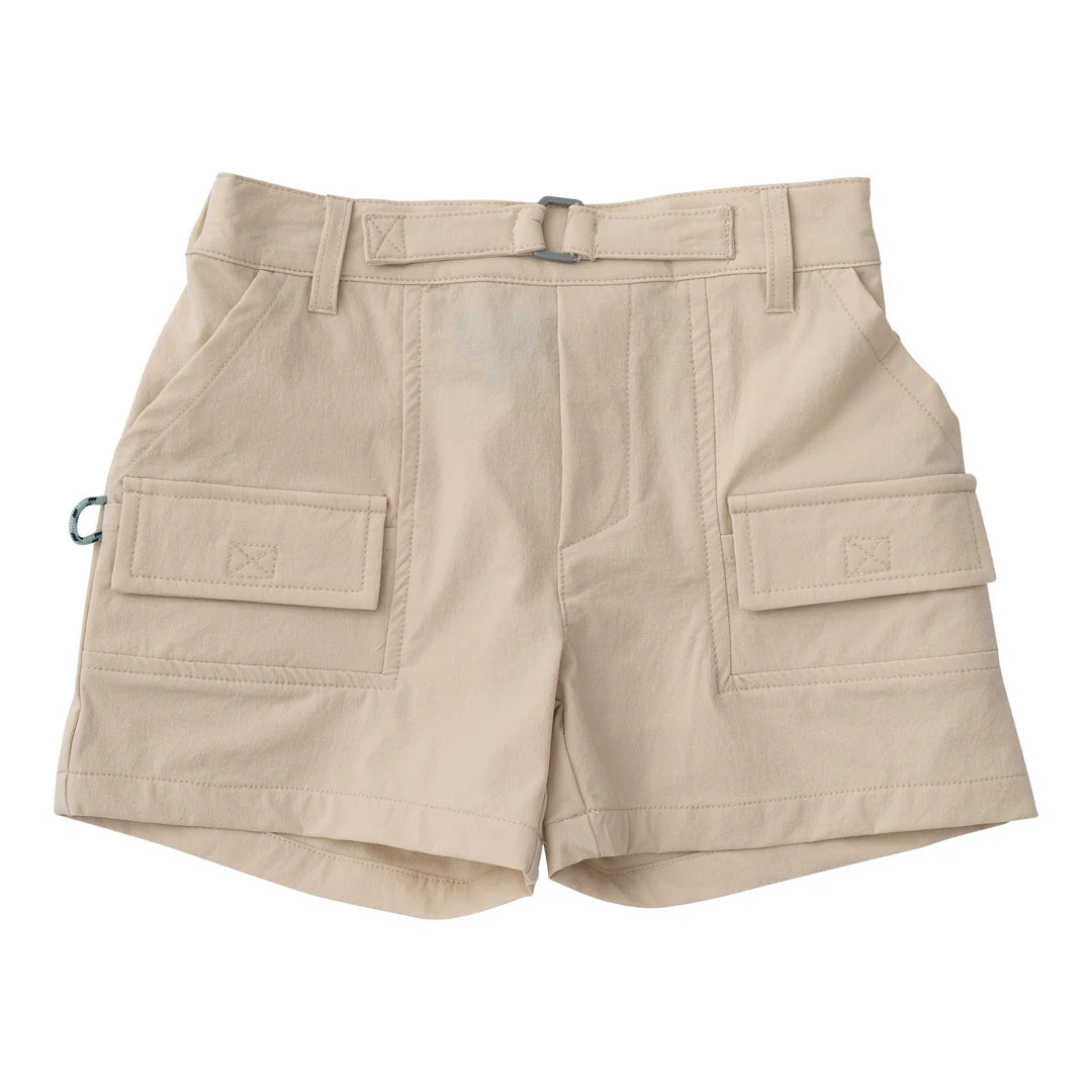 A pair of beige PRODOH boy's inshore performance shorts with multiple pockets.