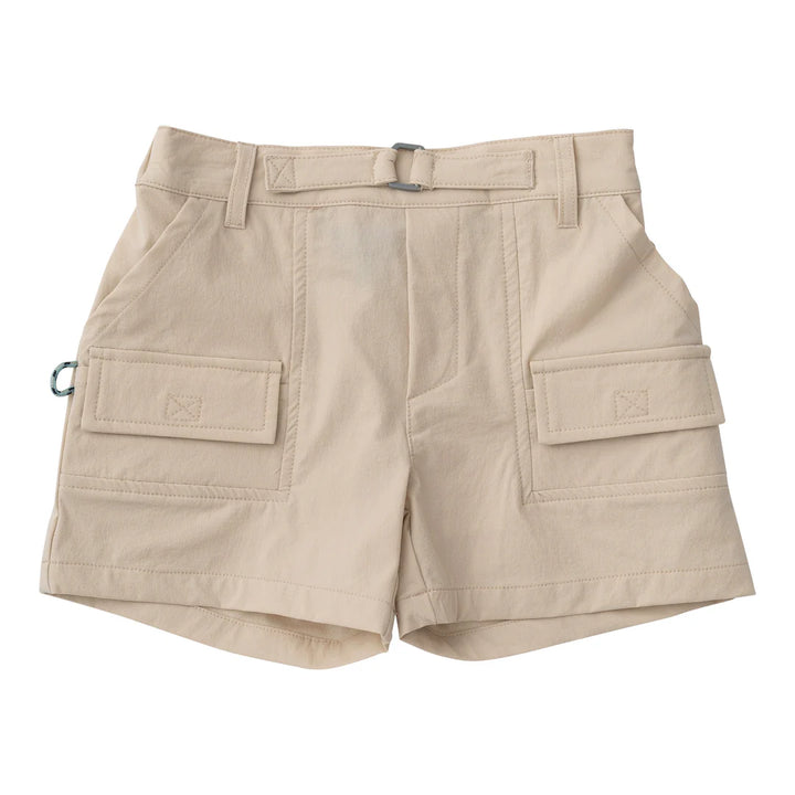 A pair of beige PRODOH boy's inshore performance shorts with multiple pockets.