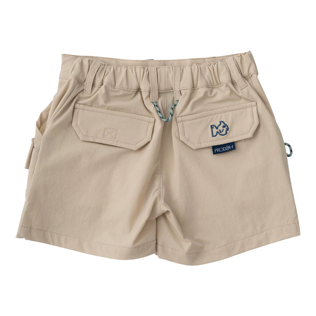 back of inshore khaki shorts shows two pockets and Prodoh logo