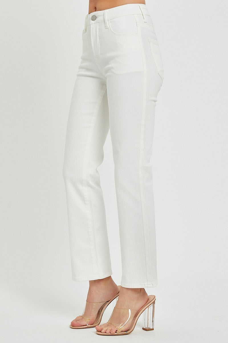 WHITE MID RISE ANKLE BOOT CUT JEANS