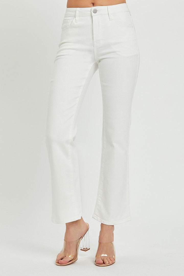 WHITE MID RISE ANKLE BOOT CUT JEANS