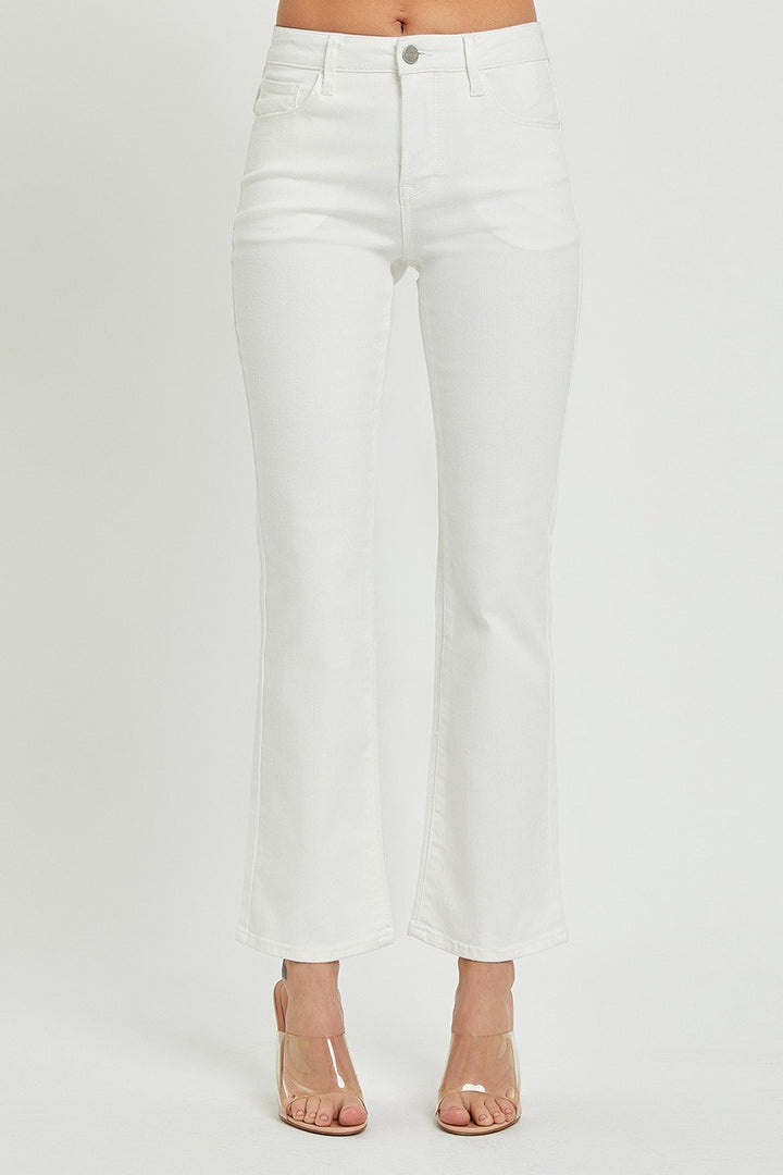 WHITE MID RISE ANKLE BOOT CUT JEANS