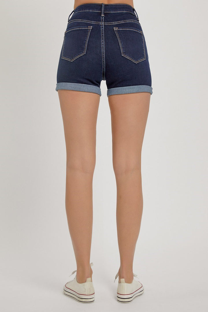 DARK HIGH RISE BUTTON FLY TURN BACK CUFF SHORTS
