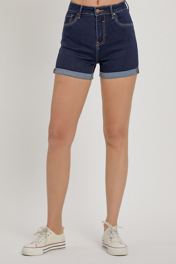 DARK HIGH RISE BUTTON FLY TURN BACK CUFF SHORTS