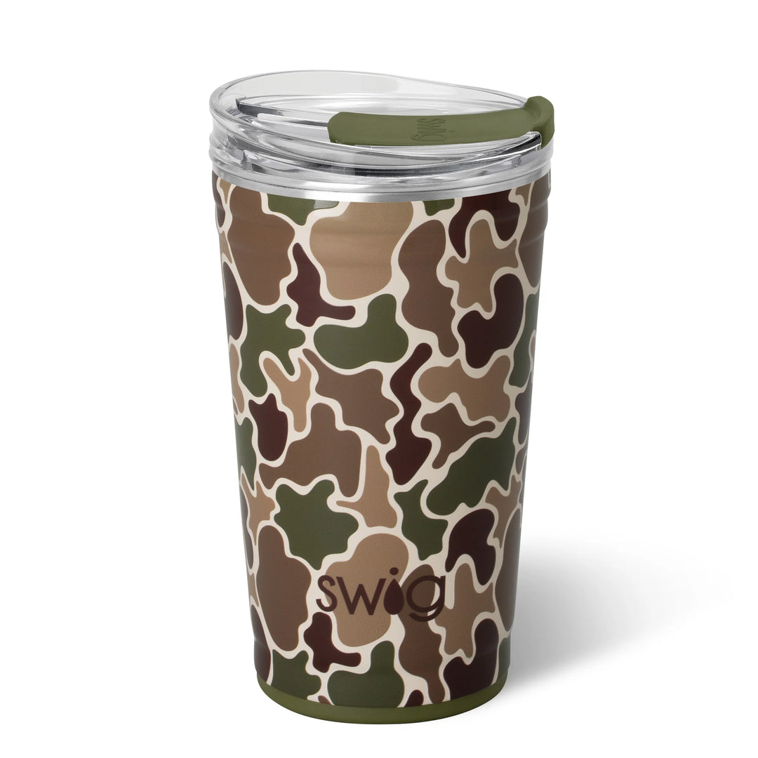 Camouflage-patterned tumbler with 'Swig' branding on a white background
