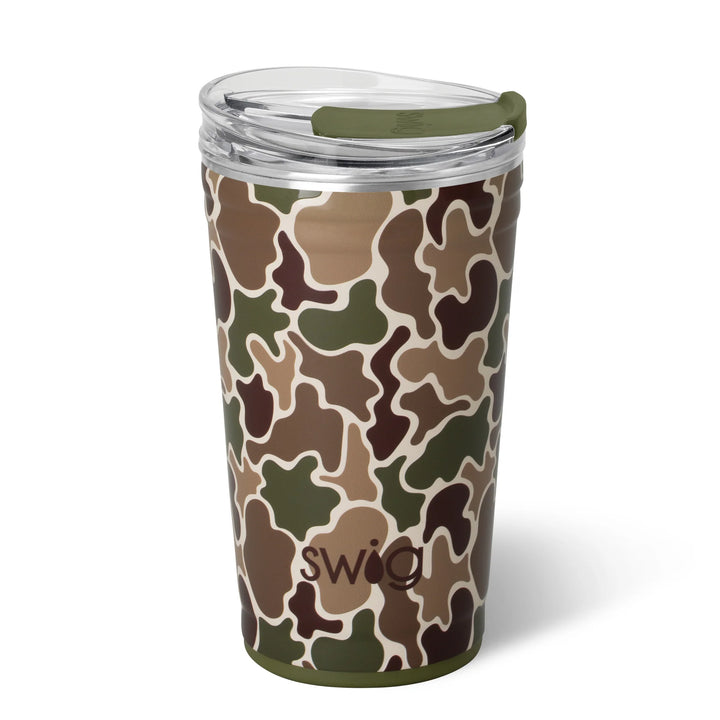 Camouflage-patterned tumbler with 'Swig' branding on a white background