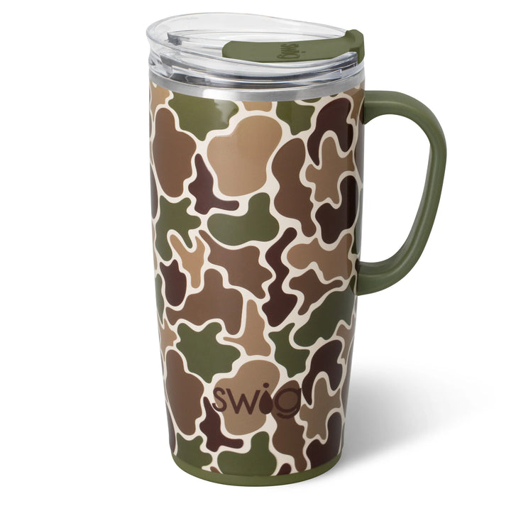 Camouflage-patterned mug with a green handle on a white background