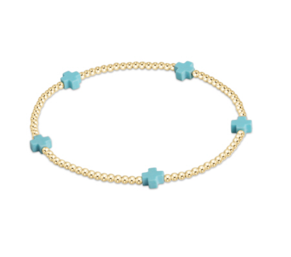 SIGNATURE CROSS SMALL GOLD PATTERN 2MM BEAD BRACELET - TURQUOISE