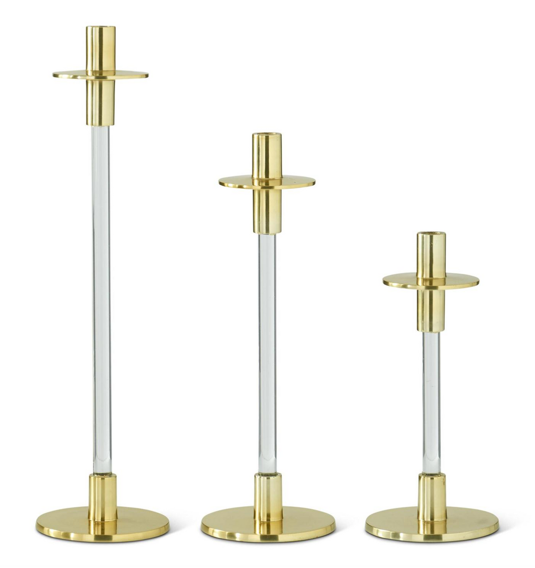 CLEAR ACRYLIC & GOLD METAL SLENDER TAPER CANDLEHOLDER