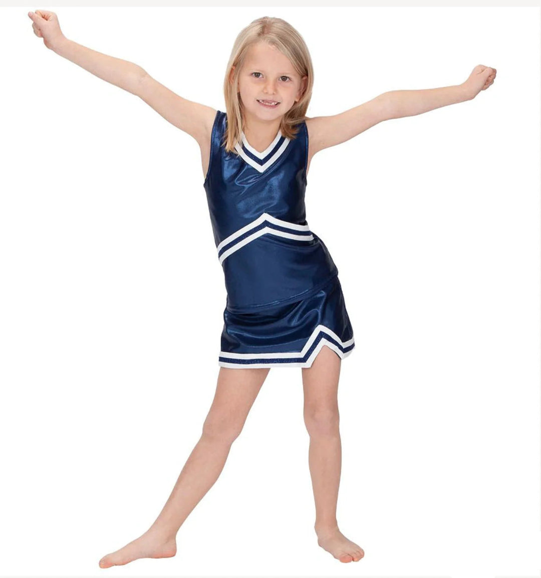 Young girl wearing a blue cheerleader outfit with white accents on a white background