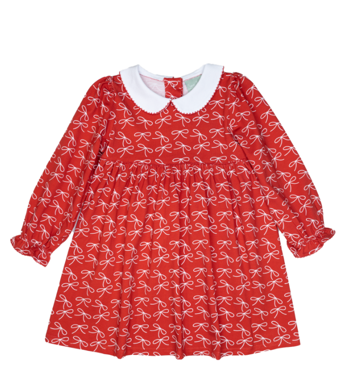 WHITE BOWS PRINT ON RED COLLARED DRESS