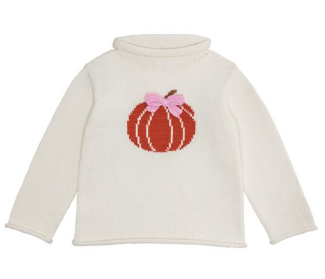 Pumpkin Bow Rollneck Sweater – Classic Girls Knit Sweater with Fall Pumpkin Design | Walker Boutique