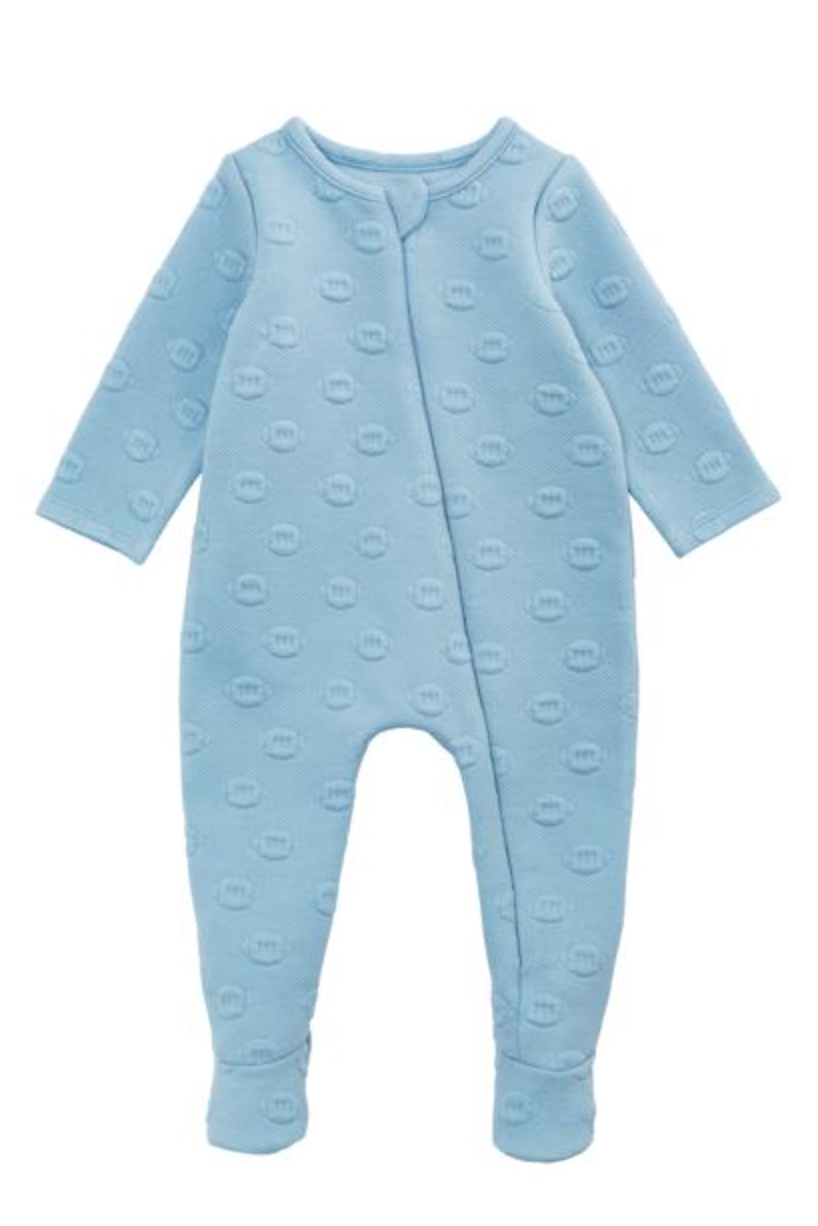 Blue Quilted Football Footie – Baby Boy One-Piece Pajamas with Football Design | Walker Boutique