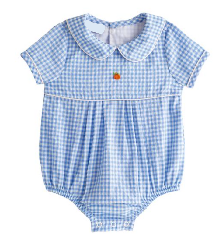 Gingham Blue Pumpkin Bubble – Baby Boy Fall Outfit with Pumpkin Design | Walker Boutique