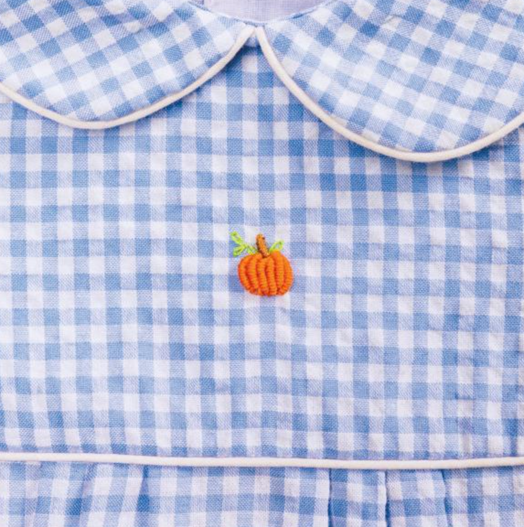 Gingham Blue Pumpkin Bubble – Baby Boy Fall Outfit with Pumpkin Design | Walker Boutique