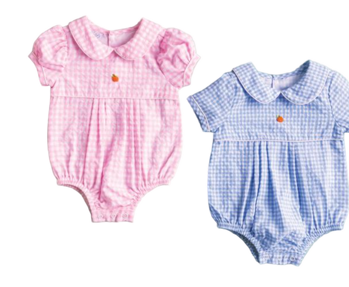 Gingham Blue Pumpkin Bubble – Baby Boy Fall Outfit with Pumpkin Design | Walker Boutique