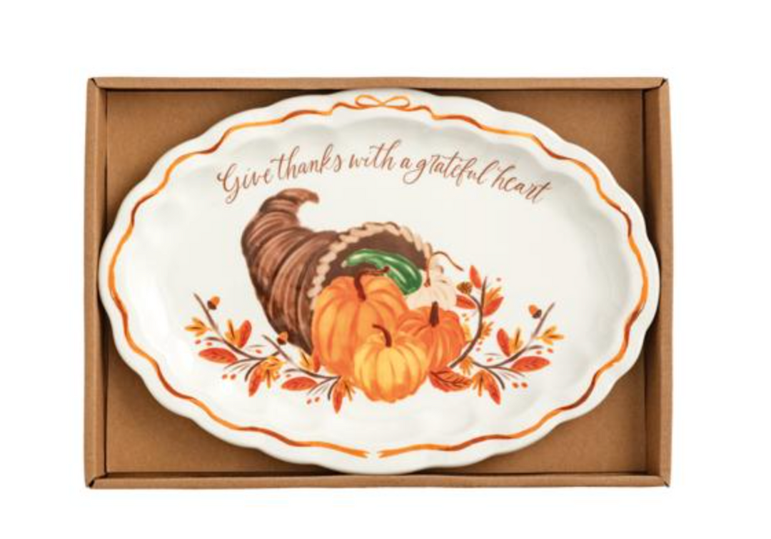 Grateful Heart Thanksgiving Sentiment Plate – Fall Holiday Serving Dish with Inspirational Message | Walker Boutique