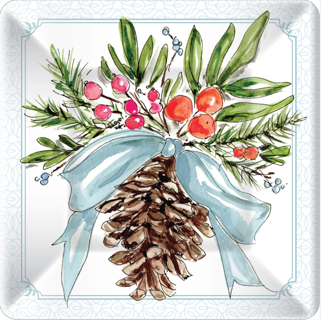 Pinecones and Ribbons Dessert Square Plates ā Festive Holiday Tableware | Walker Boutique