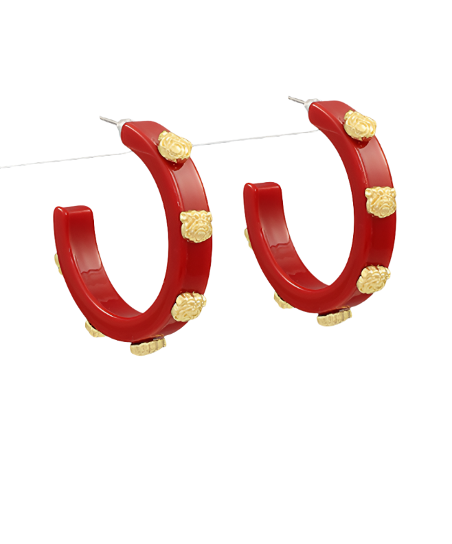 BULLDOG STUD RED HOOP EARRINGS