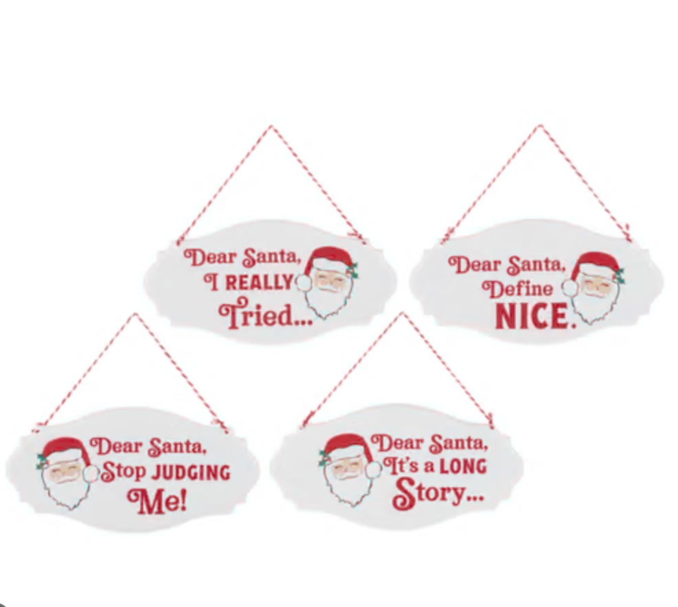 Dear Santa.. ornaments on red string on white background