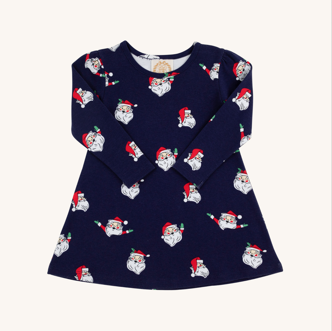 navy long sleeve dress with santa on white background