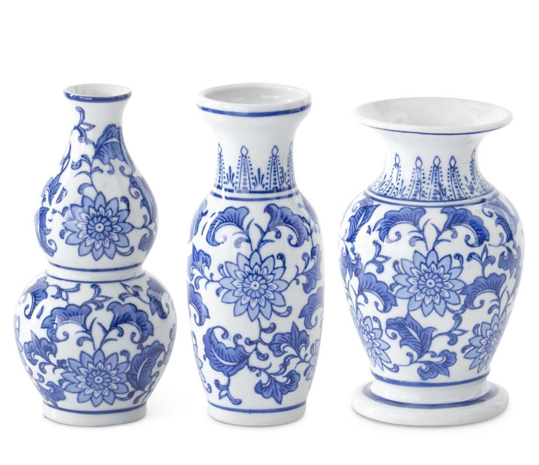 BLUE AND WHITE BUD VASES