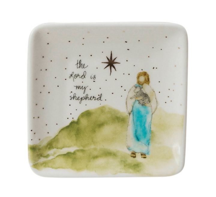 Decorative plate with a shepherd and star design, featuring the text 'the Lord is my shepherd'.